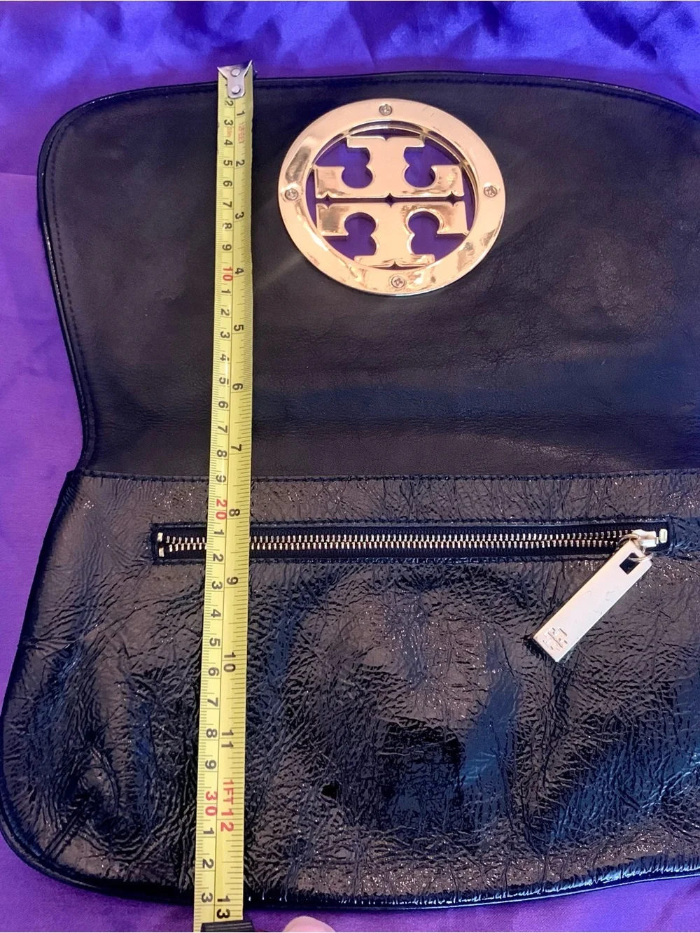Tory Burch Black Patent Leather Clutch with Gold Logo Accent